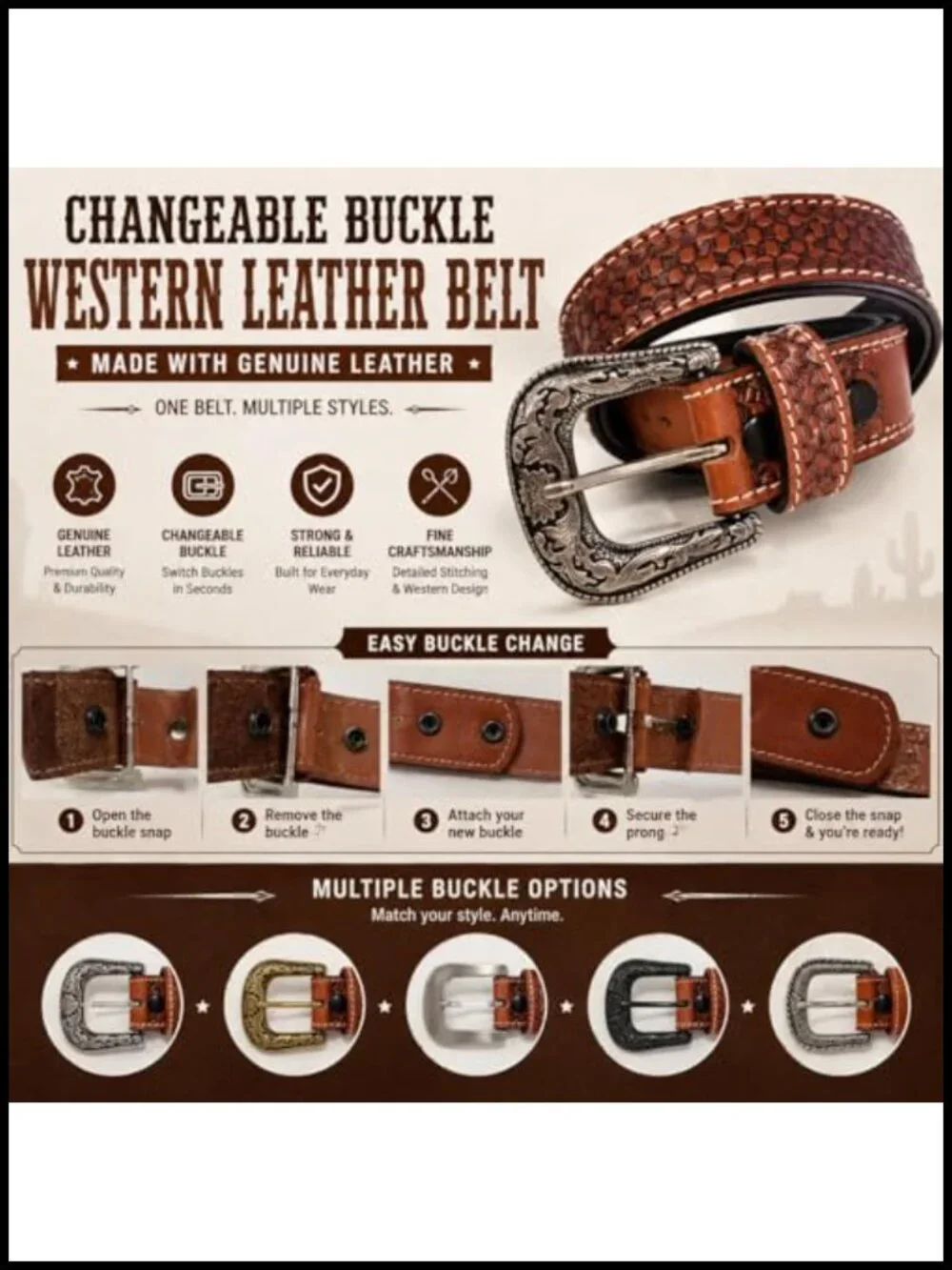 Hand Tooled Cowboy Belt with Changeable Buckle, Genuine Leather Western Belt